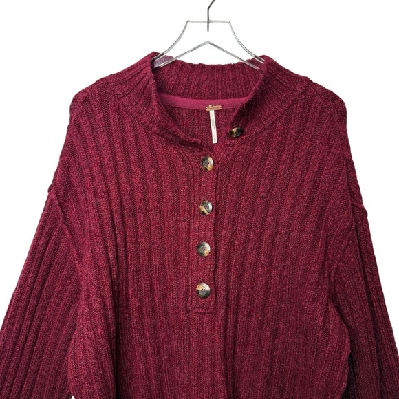 Free People Burgundy Ribbed Chunky Women’s Popover Oversized Henley Sweater Sz M - Picture 4 of 13
